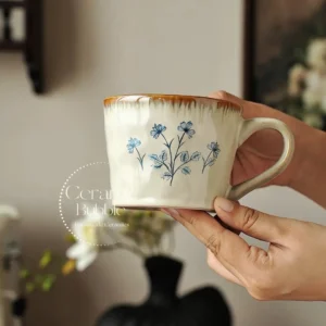 Handmade Beige Ceramic Mug Blue Wildflower Painted Coffee Cup