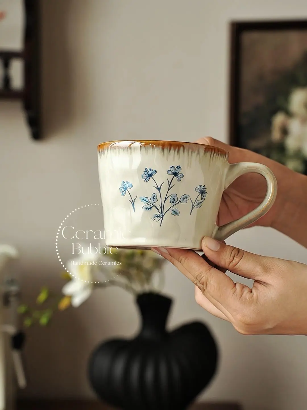 Handmade Beige Ceramic Mug Blue Wildflower Painted Coffee Cup