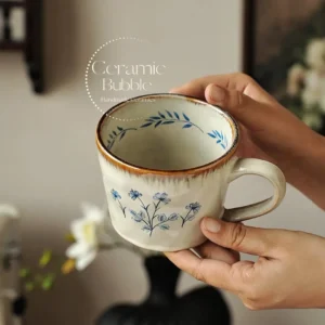 Handmade Beige Ceramic Mug Blue Wildflower Painted Coffee Cup