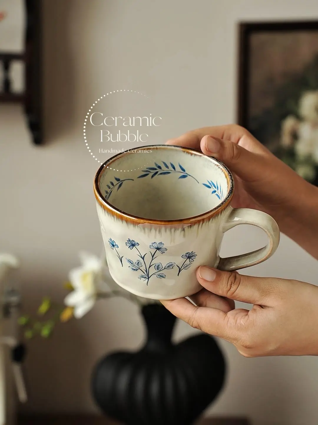 Handmade Beige Ceramic Mug Blue Wildflower Painted Coffee Cup