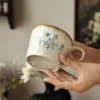 Handmade Beige Ceramic Mug Blue Wildflower Painted Coffee Cup
