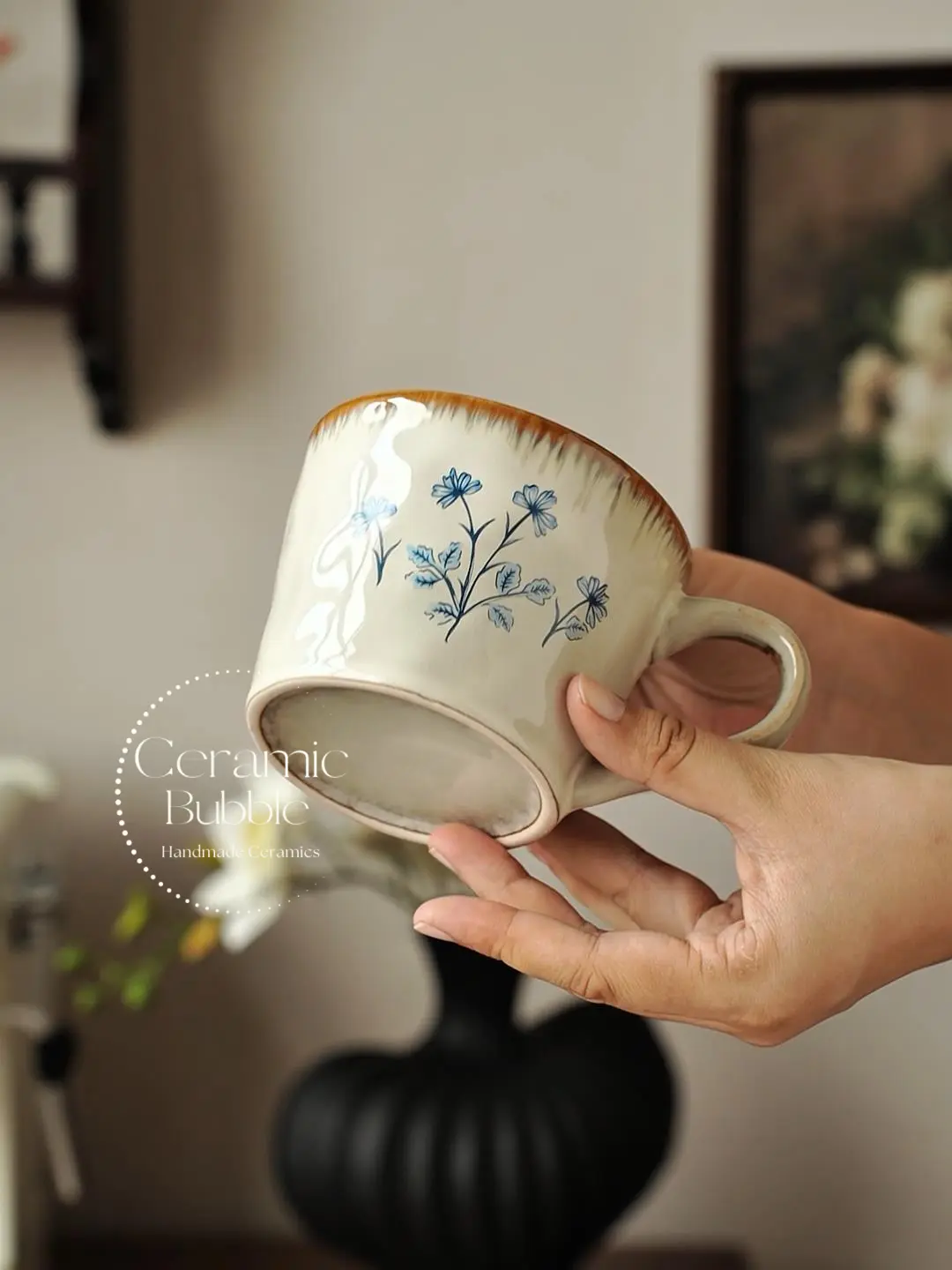 Handmade Beige Ceramic Mug Blue Wildflower Painted Coffee Cup