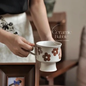 Handmade White Ceramic Mug Retro Brown Flower Painted Coffee Cup