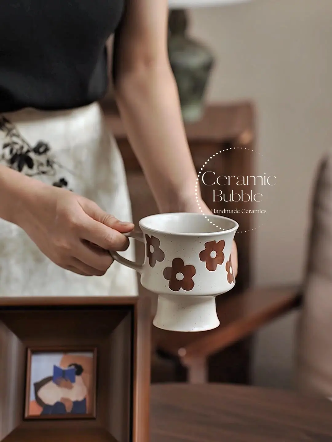 Handmade White Ceramic Mug Retro Brown Flower Painted Coffee Cup