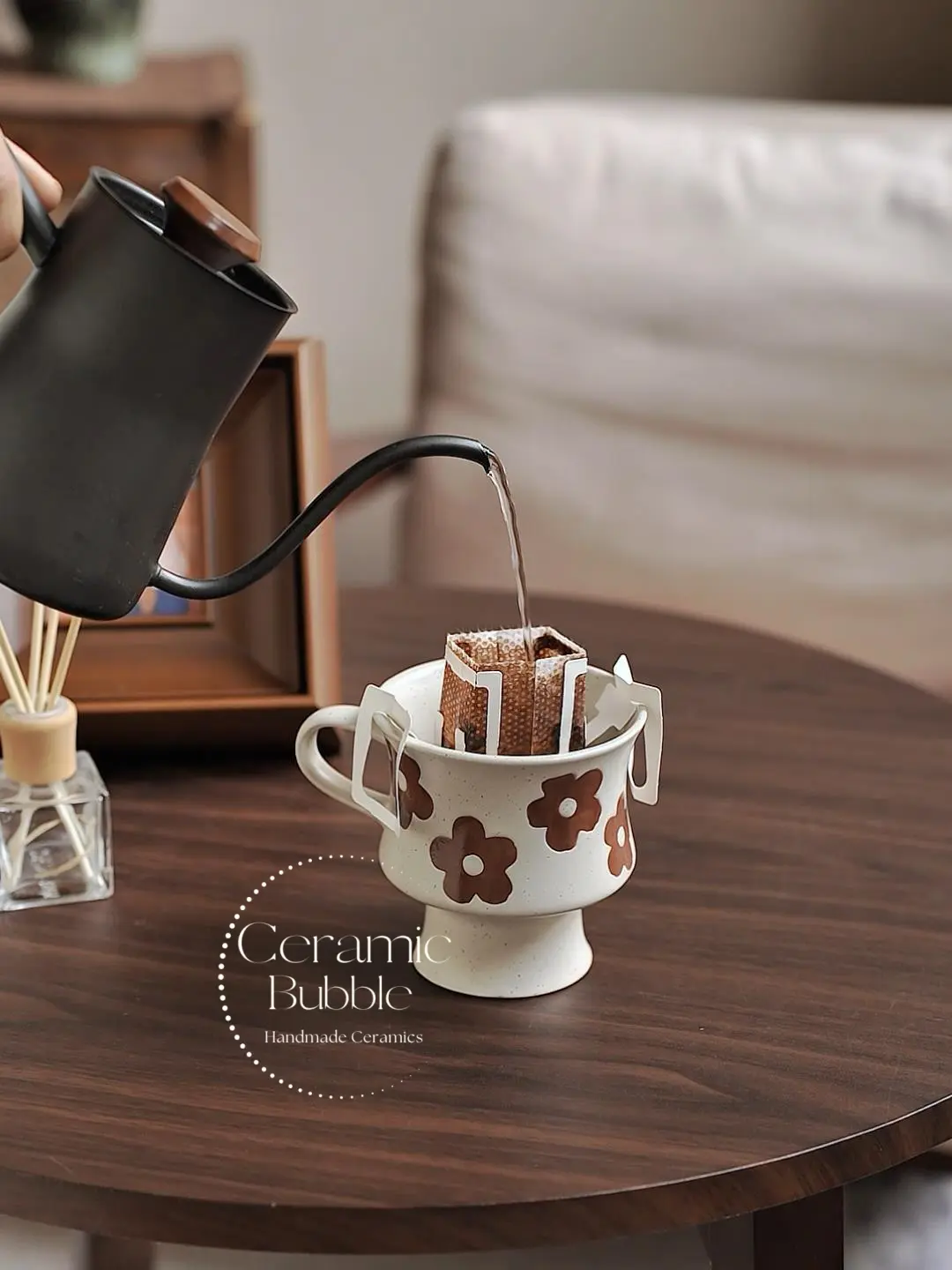 Handmade White Ceramic Mug Retro Brown Flower Painted Coffee Cup