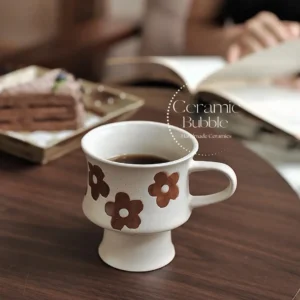 Handmade White Ceramic Mug Retro Brown Flower Painted Coffee Cup
