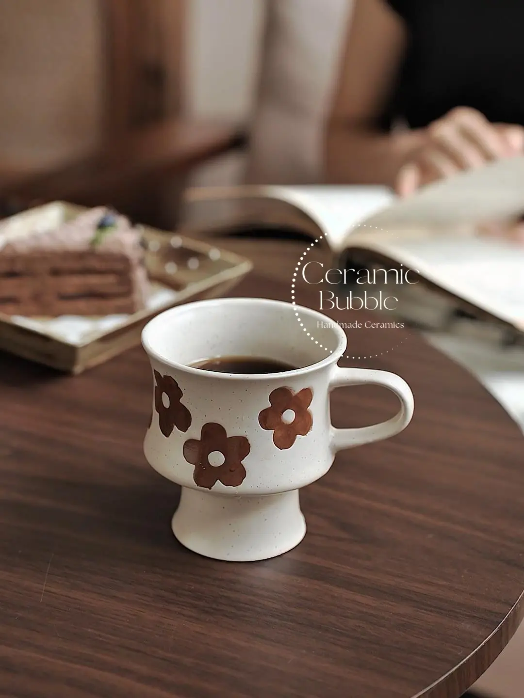 Handmade White Ceramic Mug Retro Brown Flower Painted Coffee Cup