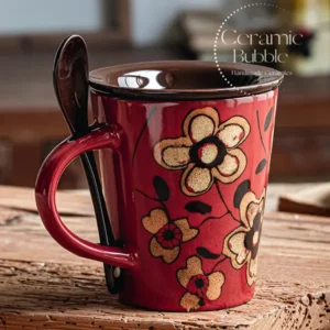 Handmade Floral Ceramic Coffee Mug Vintage Red Flower Painted Cup