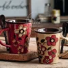 Handmade Floral Ceramic Coffee Mug Vintage Red Flower Painted Cup