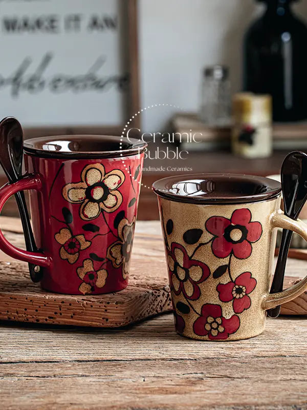 Handmade Floral Ceramic Coffee Mug Vintage Red Flower Painted Cup