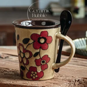 Handmade Floral Ceramic Coffee Mug Vintage Red Flower Painted Cup