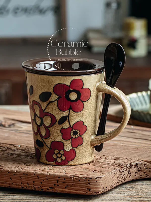 Handmade Floral Ceramic Coffee Mug Vintage Red Flower Painted Cup