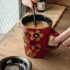 Handmade Floral Ceramic Coffee Mug Vintage Red Flower Painted Cup