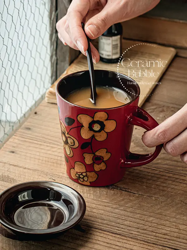 Handmade Floral Ceramic Coffee Mug Vintage Red Flower Painted Cup