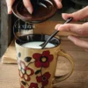 Handmade Floral Ceramic Coffee Mug Vintage Red Flower Painted Cup