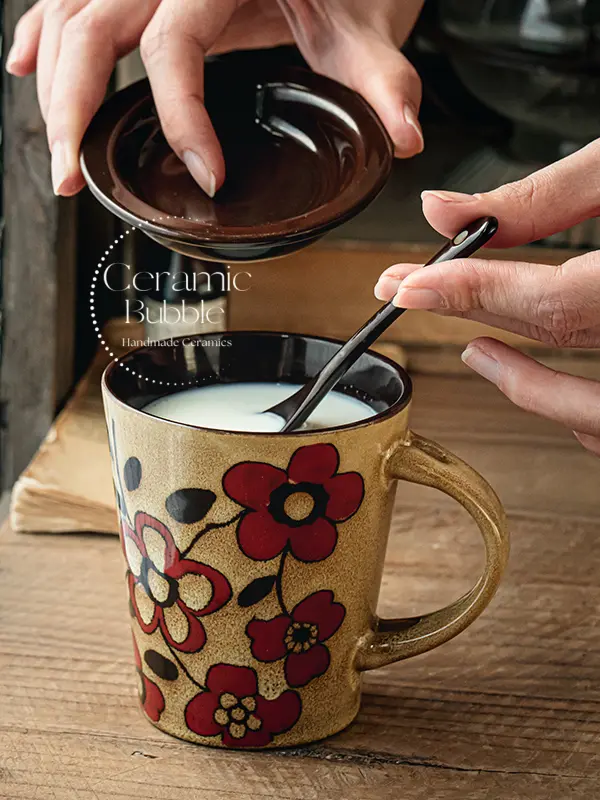 Handmade Floral Ceramic Coffee Mug Vintage Red Flower Painted Cup