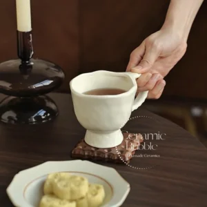 Handmade White Ceramic Mug Artistic Footed Coffee Cup