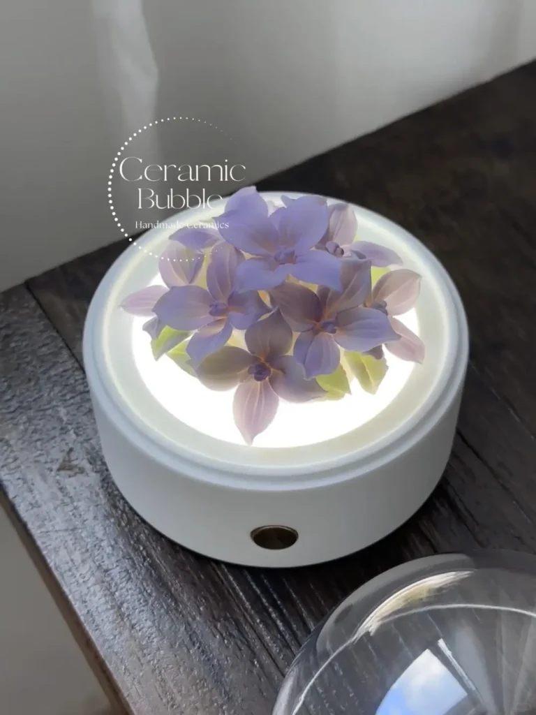 Handmade Purple Hydrangea Shaped Ceramic Lamp Desk Decor Nightlight Unique Gift Idea