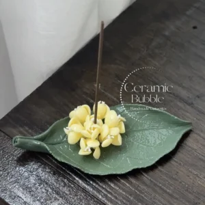 Handmade Yellow Osmanthus Shaped Ceramic Incense Holder with Green Tray