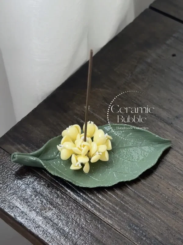 Handmade Yellow Osmanthus Shaped Ceramic Incense Holder with Green Tray