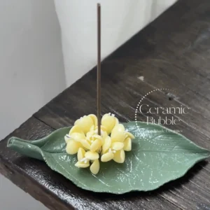 Handmade Yellow Osmanthus Shaped Ceramic Incense Holder with Green Tray