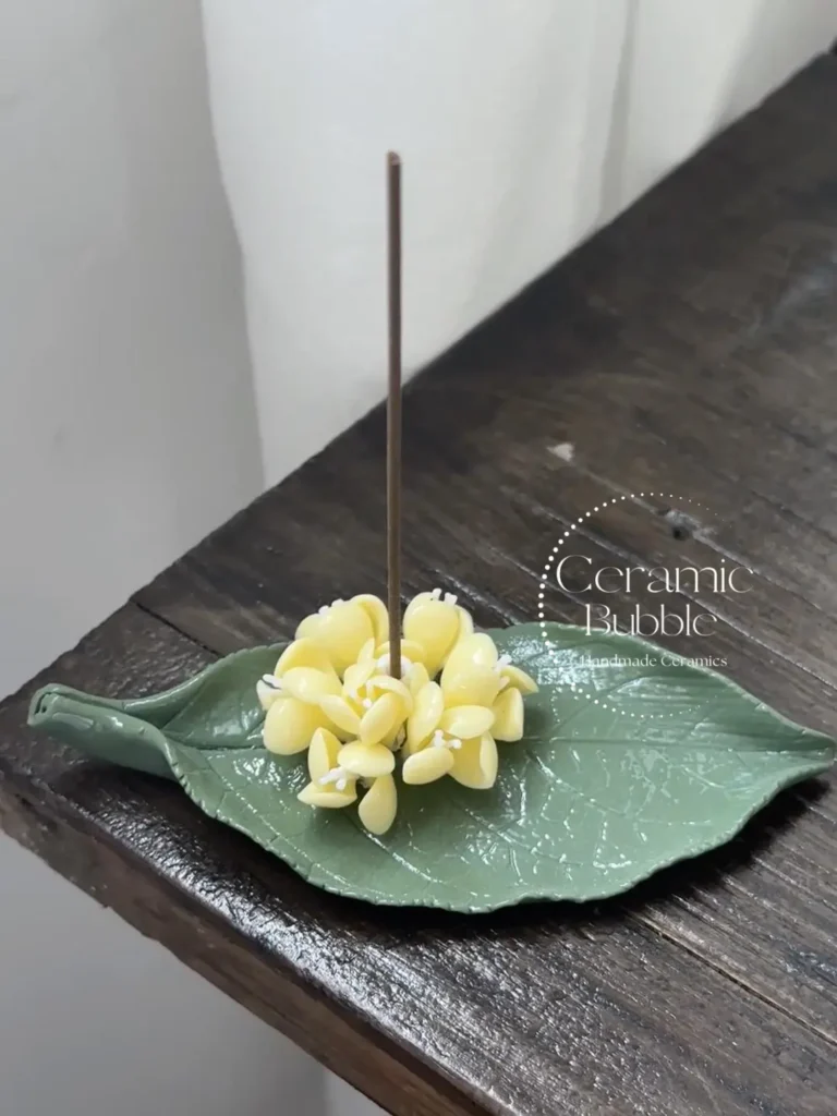 Handmade Yellow Osmanthus Shaped Ceramic Incense Holder with Green Tray