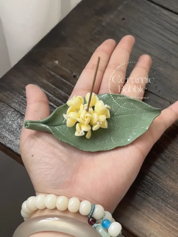 Handmade Yellow Osmanthus Shaped Ceramic Incense Holder with Green Tray