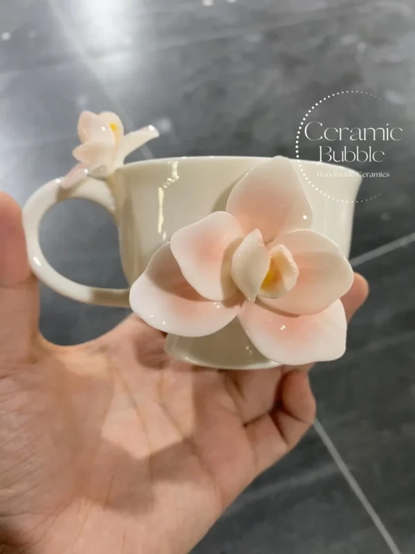 Handmade Pink Flower Shaped Ceramic Tea Cup Elegant 3D Flower Coffee Cup