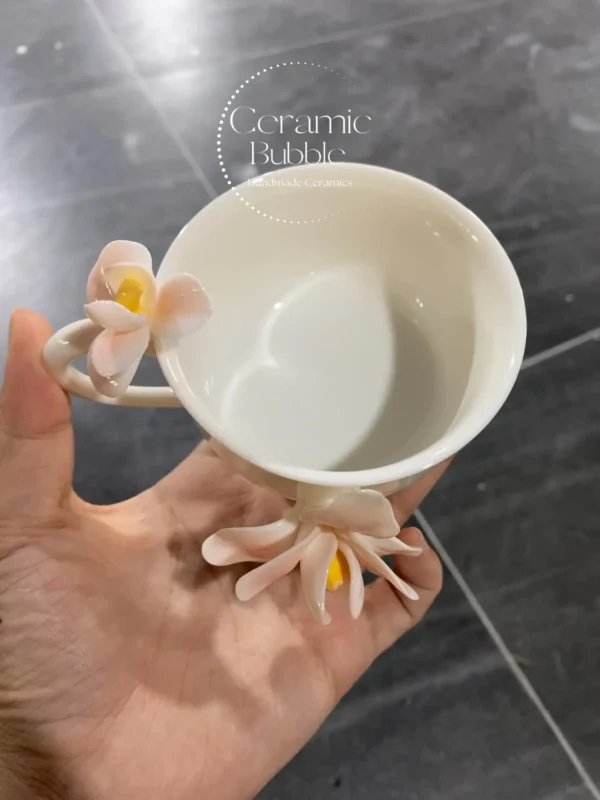 Handmade Pink Flower Shaped Ceramic Tea Cup Elegant 3D Flower Coffee Cup
