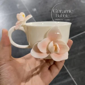 Handmade Pink Flower Shaped Ceramic Tea Cup Elegant 3D Flower Coffee Cup