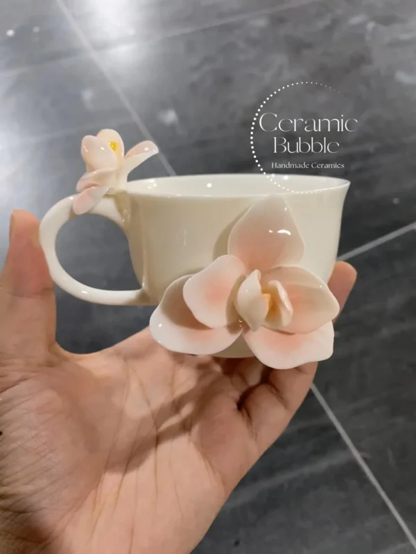 Handmade Pink Flower Shaped Ceramic Tea Cup Elegant 3D Flower Coffee Cup